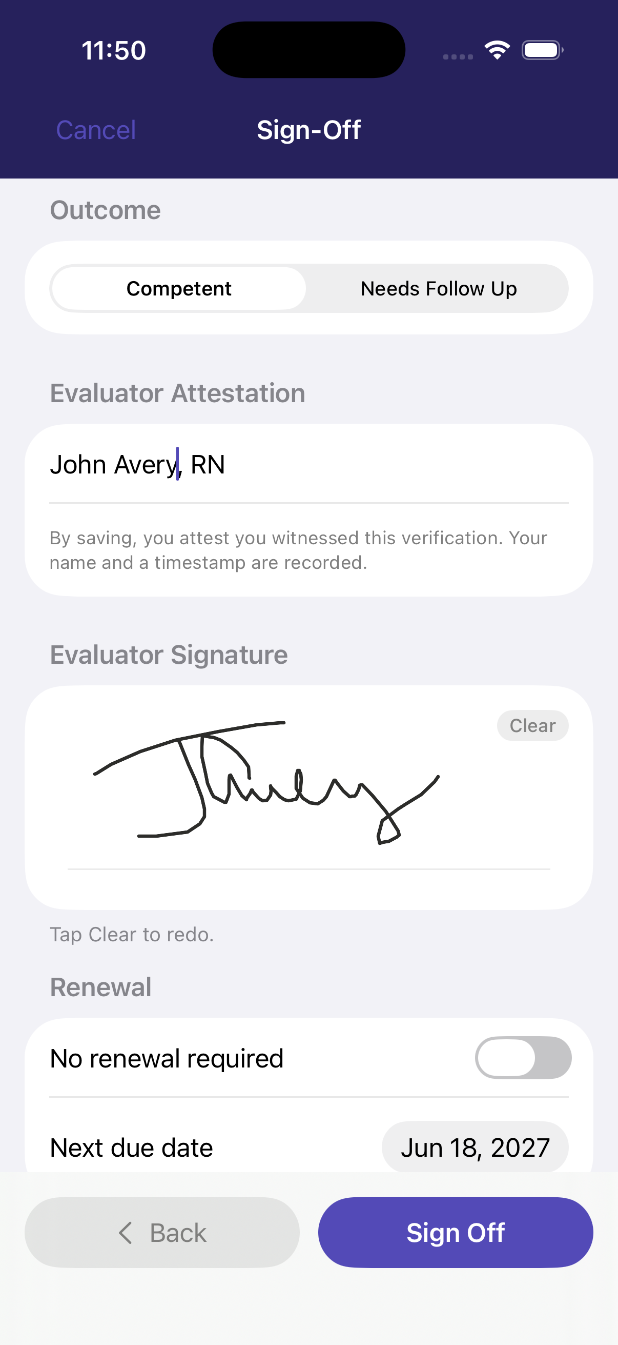 Sign-off completion — outcome, evaluator attestation, signature, and the next renewal date