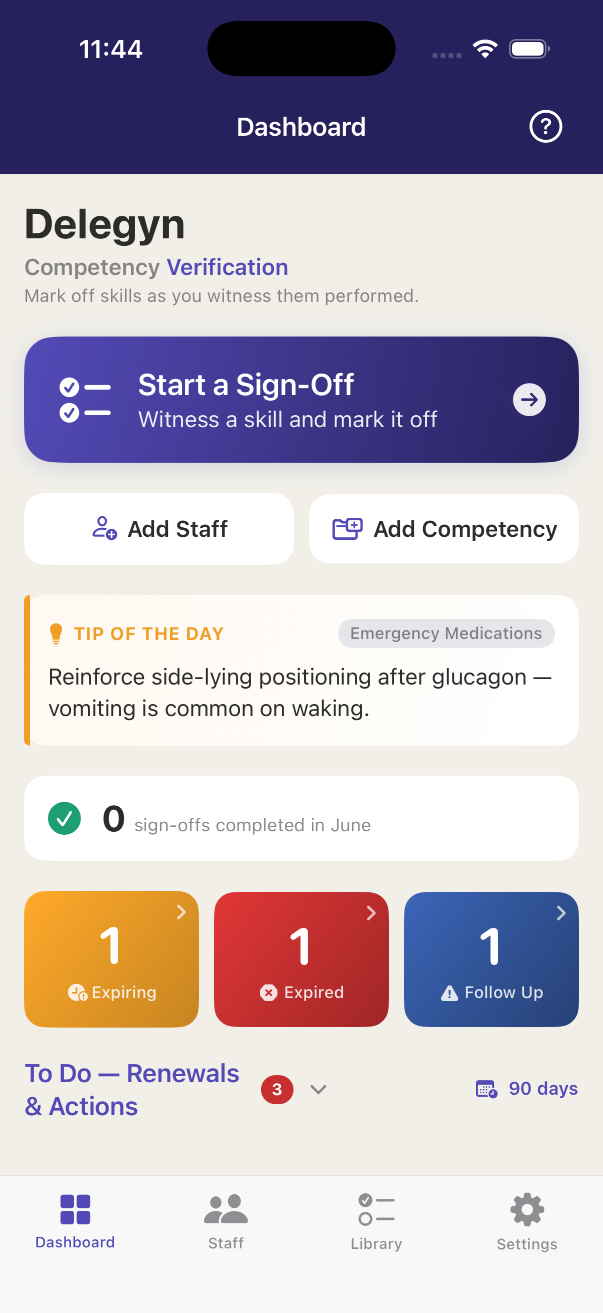 Delegyn dashboard — Start a Sign-Off, today's tip, and verification status: expiring, expired, and follow-up counts