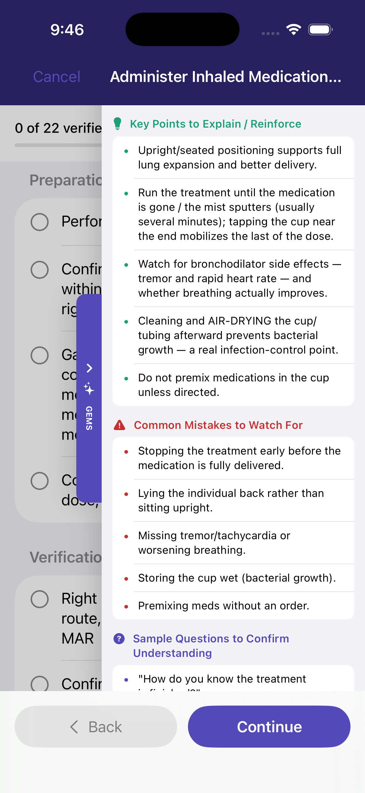 Built-in evaluator coaching: key points, common mistakes, and sample questions shown beside the checklist