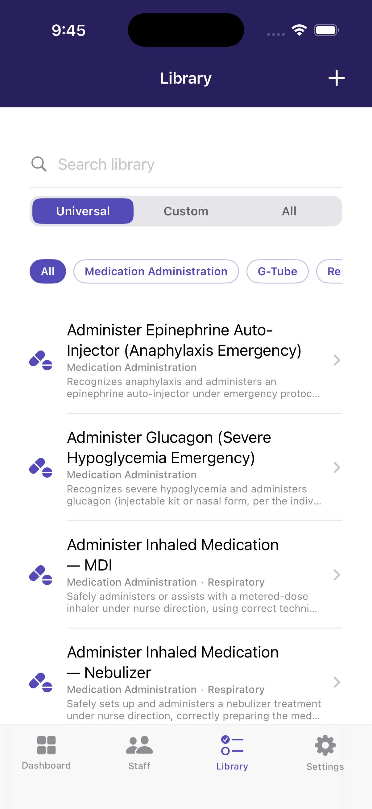 The clinical competency library, searchable and grouped by category