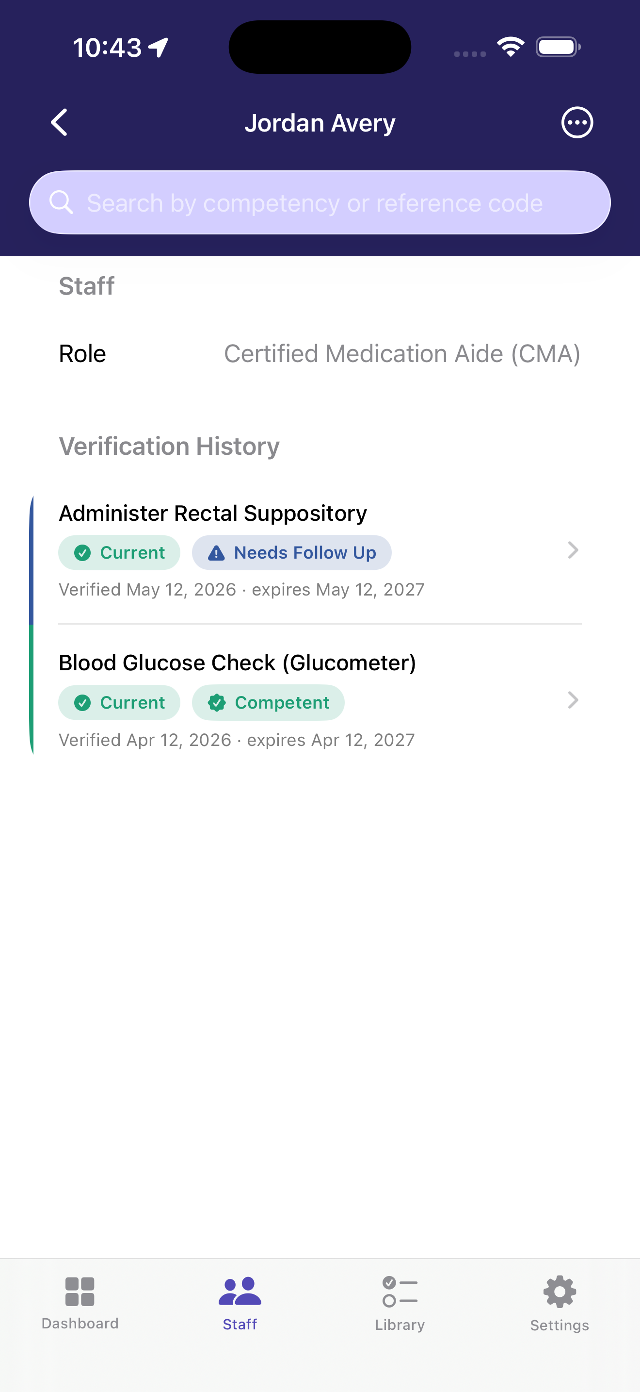 A staff member's verification history with competent and follow-up statuses plus renewal dates