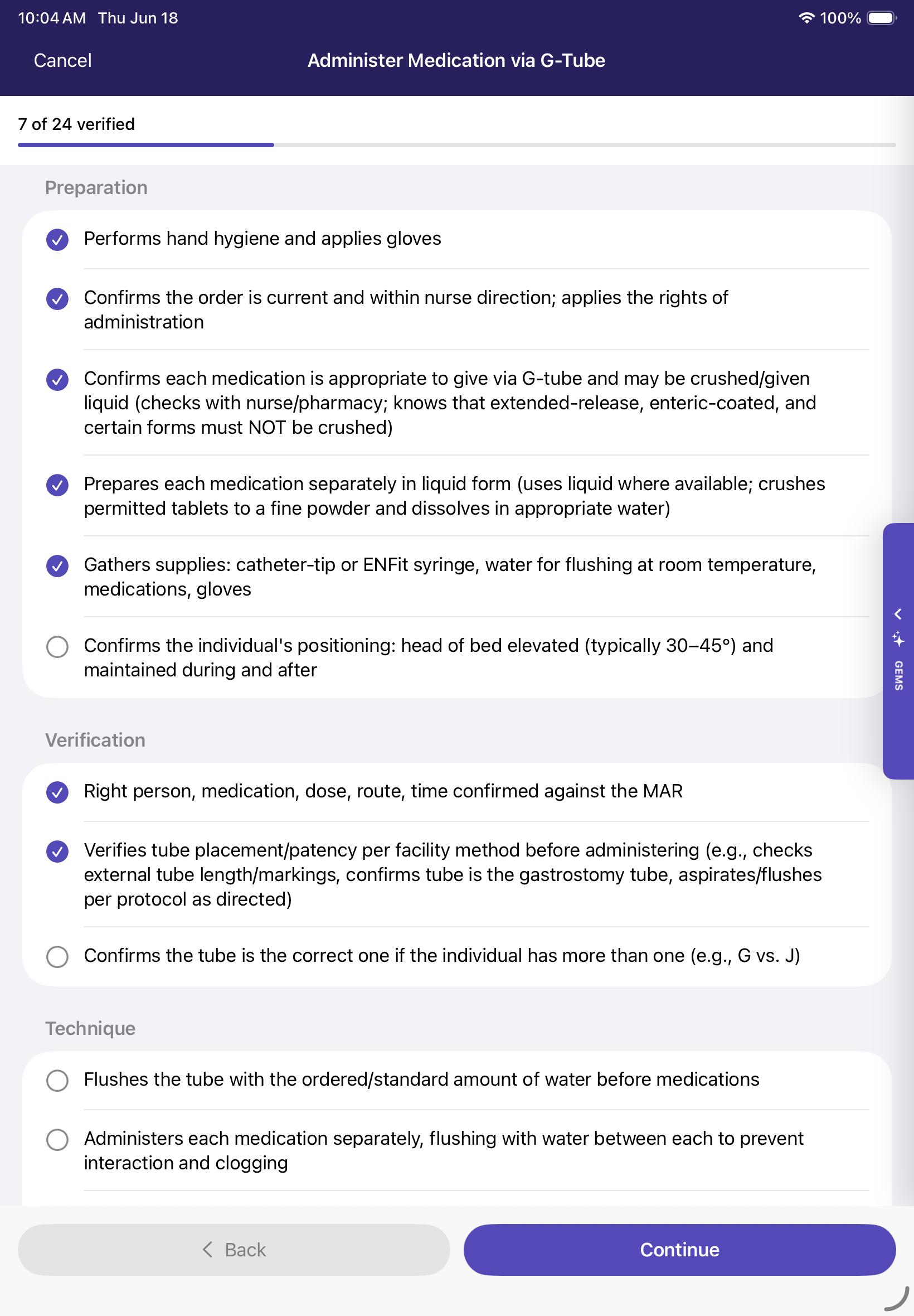 Delegyn on iPad — a nurse working through the Administer Medication via G-Tube checklist, 7 of 24 steps verified