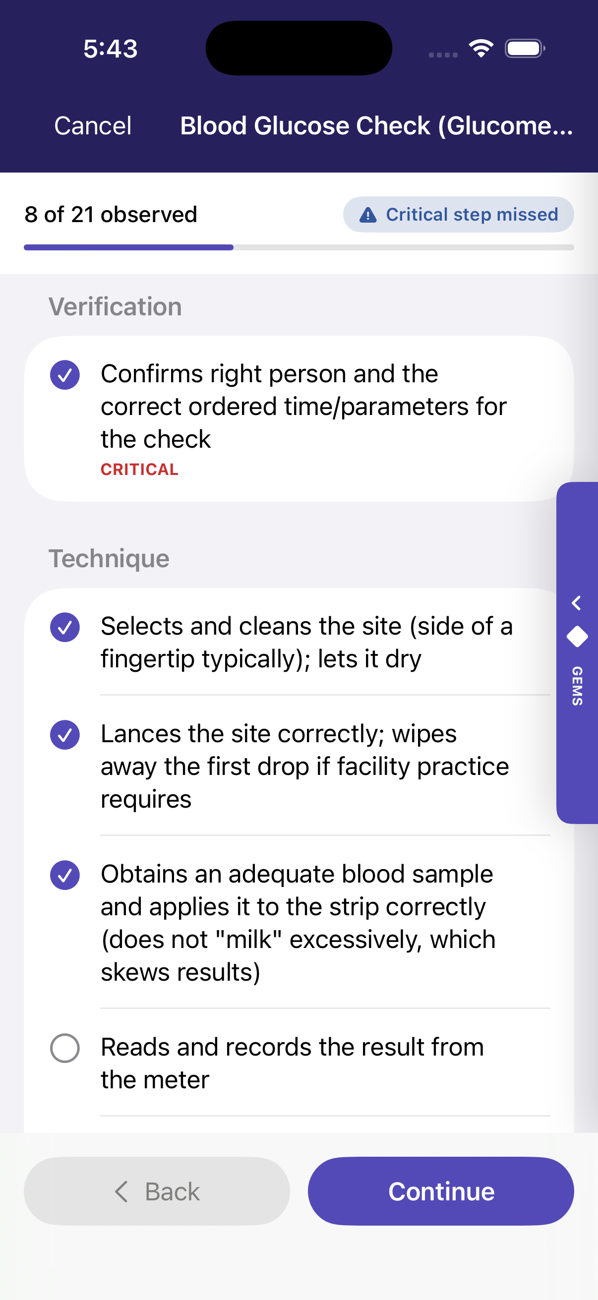 Delegyn sign-off checklist for a Blood Glucose Check, with observed steps and a critical-step alert